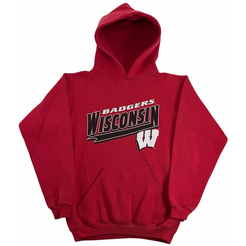 Vintage 90s Wisconsin Badgers Hoodie Red Youth Medium (10-12) Logo 7 Sweatshirt